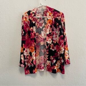 Chico’s 1 Size M Perfect Layer Cardigan Abstract Floral Black Pink Open Front